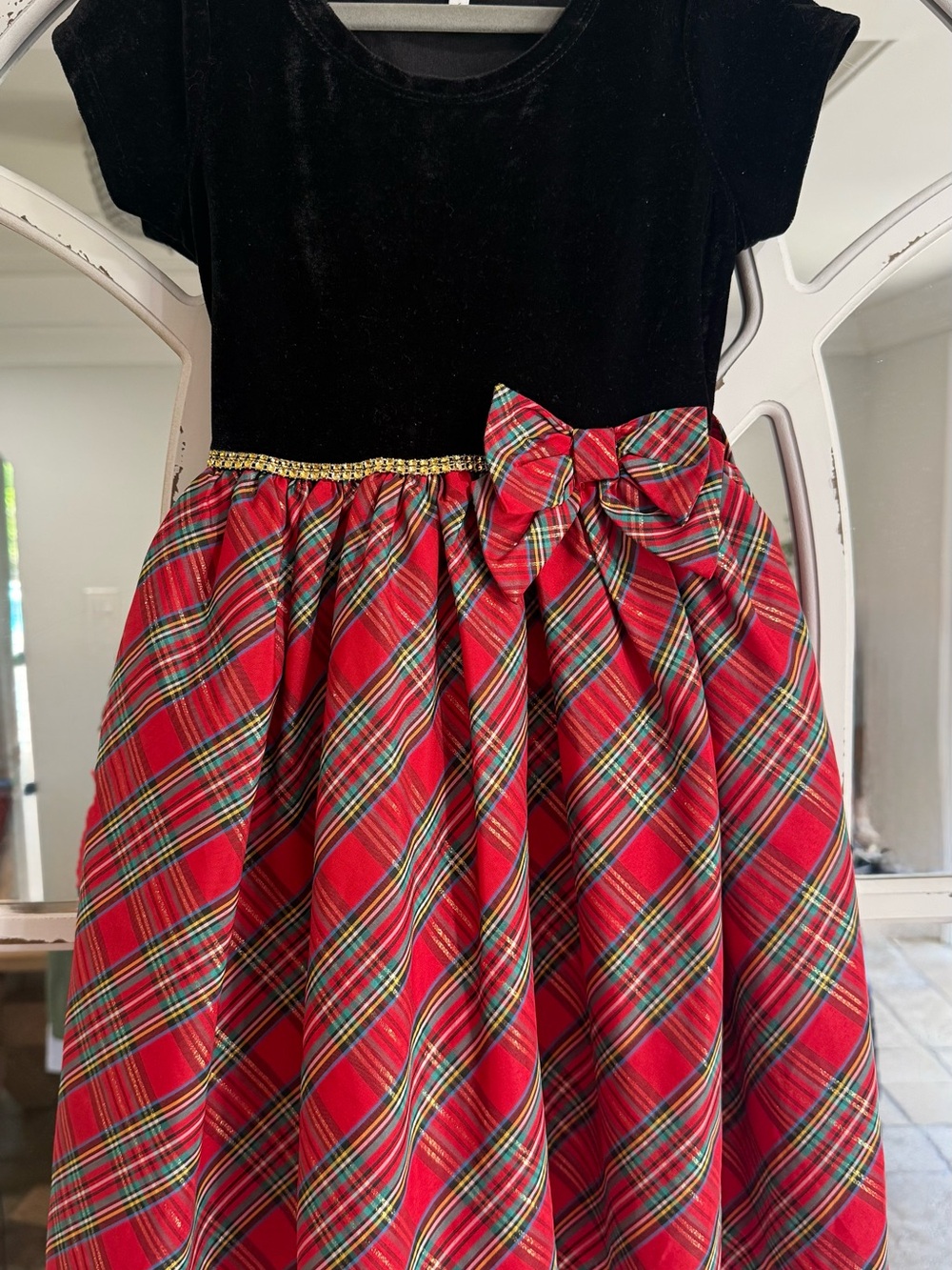 Girls Black & Red Plaid Holiday Dress with Bow